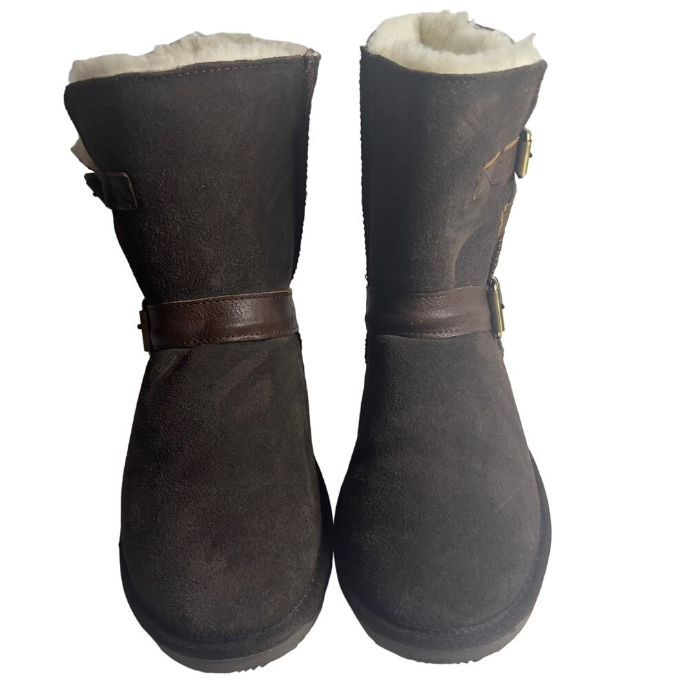 Boo Roo Womens Size 7 Wool Lined Brown Belted Strap Suede Mid-Boot Shoe